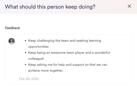 Image of employee feedback shared in the Leapsome People Management platform