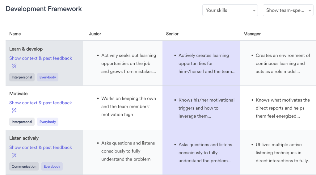 Screenshot of Leapsome’s development frameworks feature