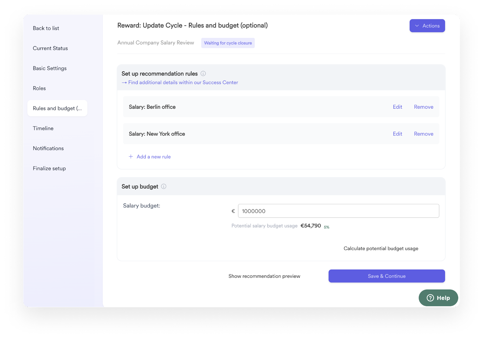 A screenshot of how to set up the cycle budget within the Compensation module.