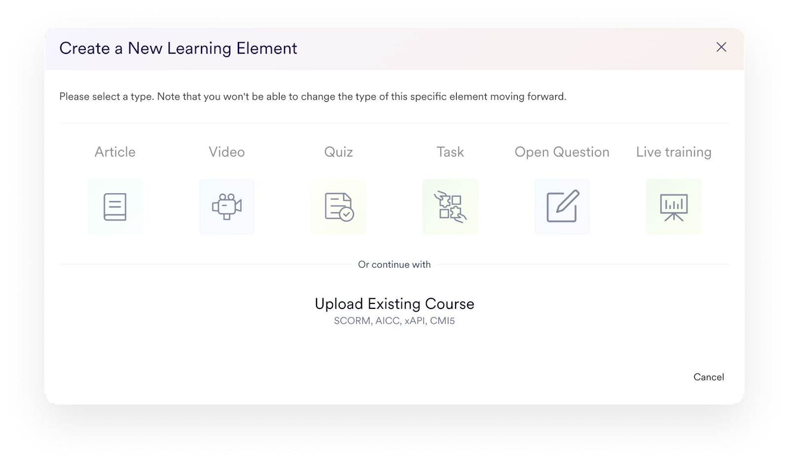 Screenshot of how to create several different elements within a learning path.