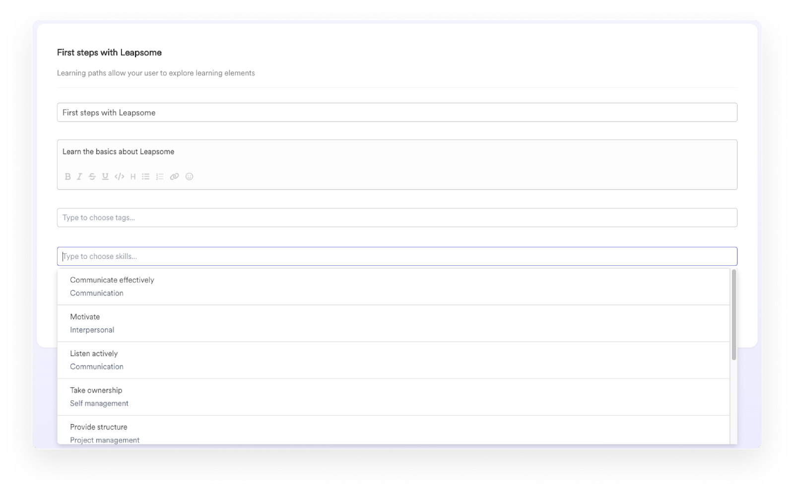 Screenshot of how to combine a learning path with a skill in the Competency Framework.