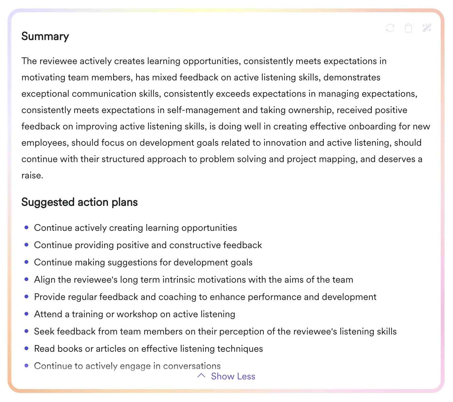 Screenshot of Leapsome's AI-powered performance review summaries and action plans