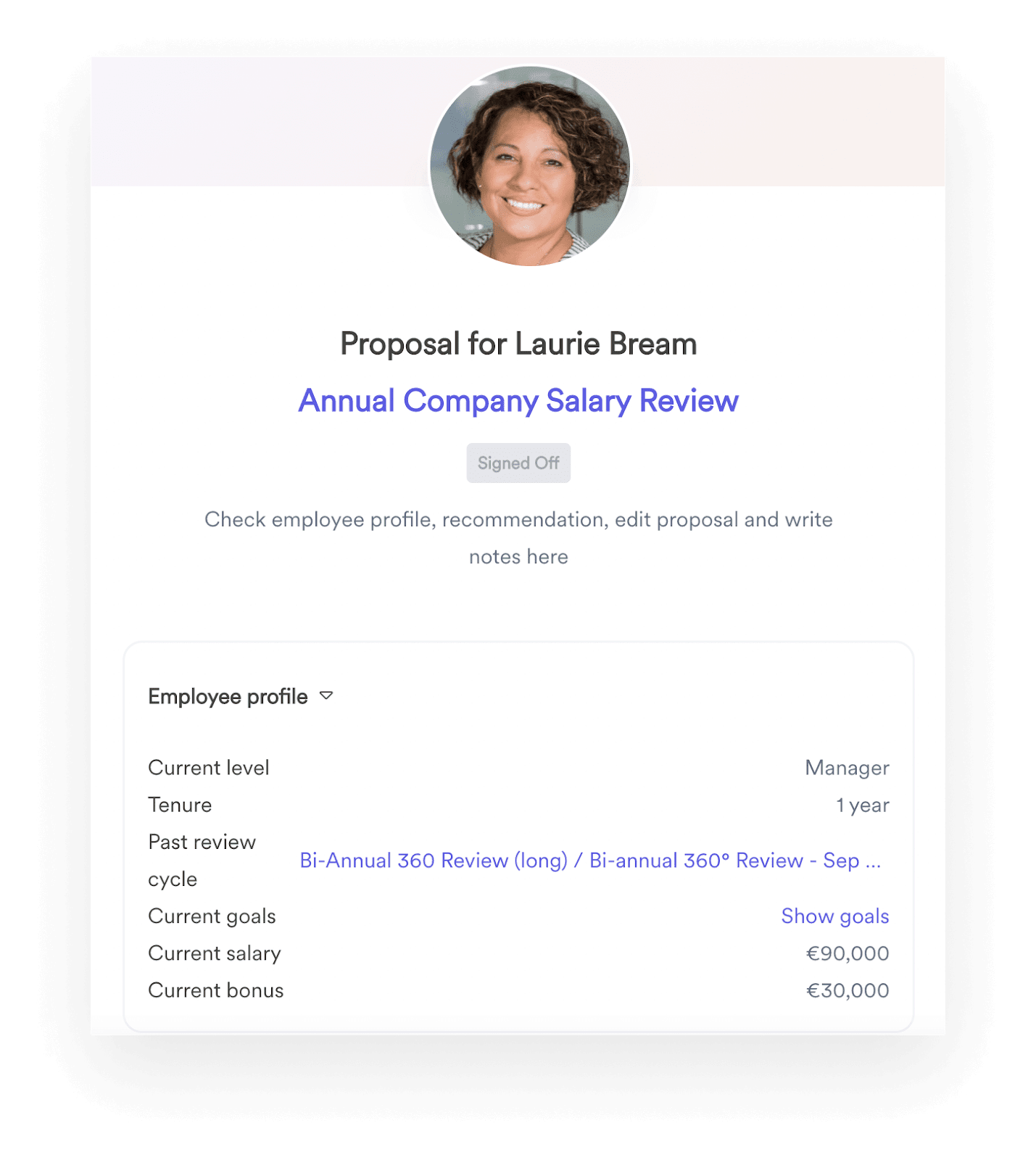 A screenshot of an employee's salary review proposal from within Leapsome Compensation.