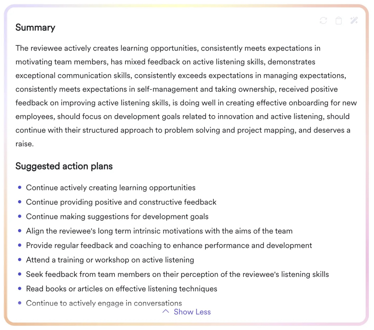 A screenshot showing how Leapsome's built-in AI will summarize review results into recurring themes.