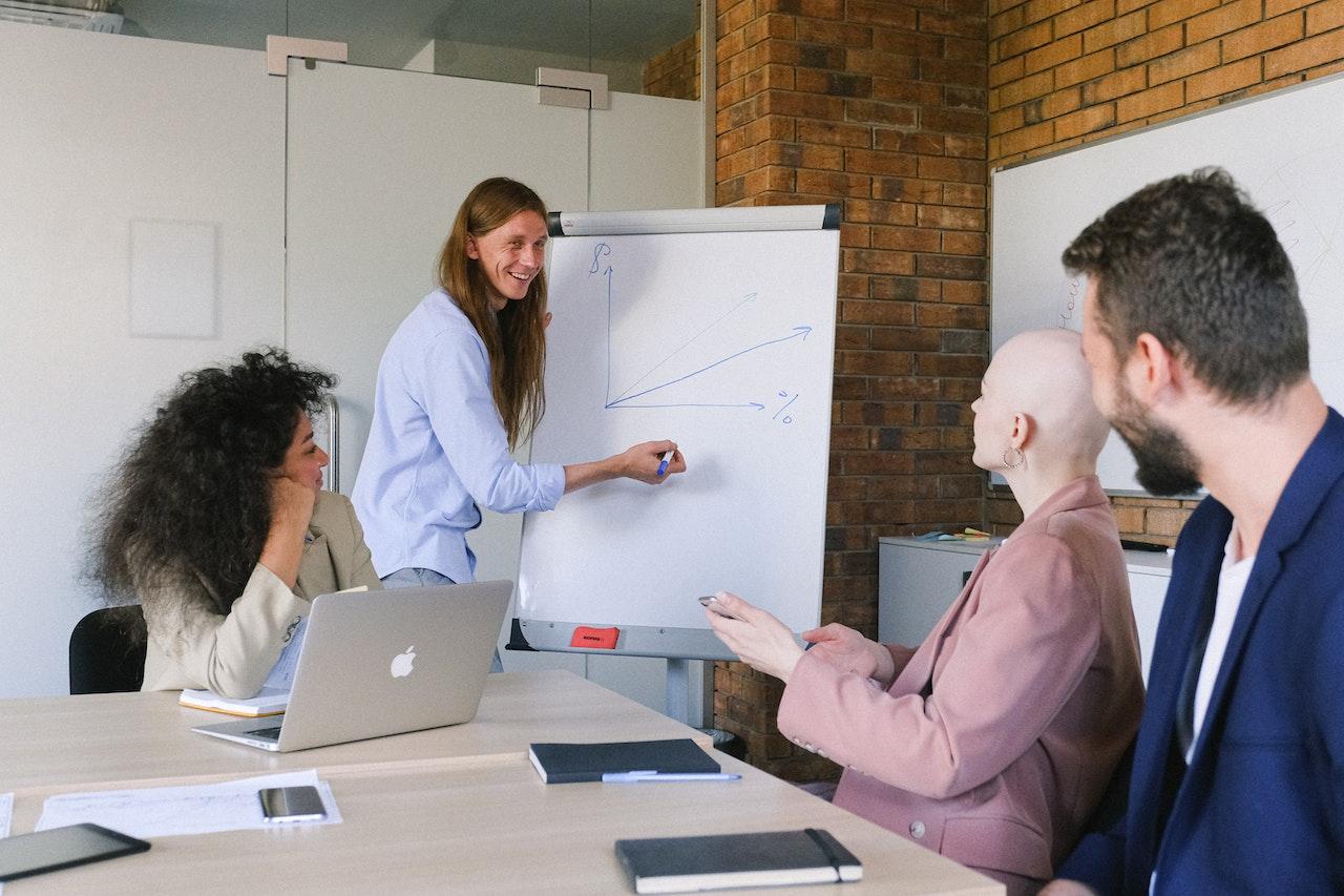 Photo of a small team of employees having a time management training session.