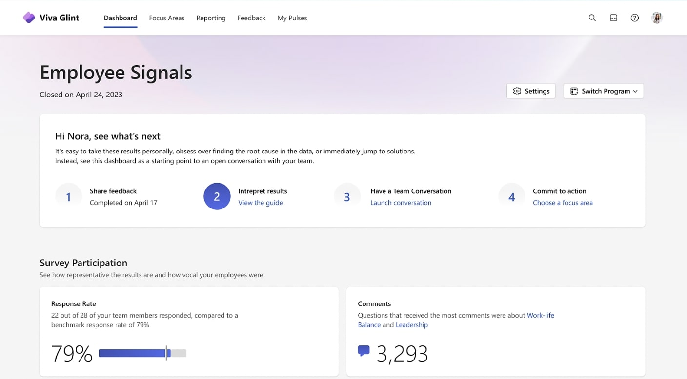 Image showing the product dashboard for Microsoft Viva Glint