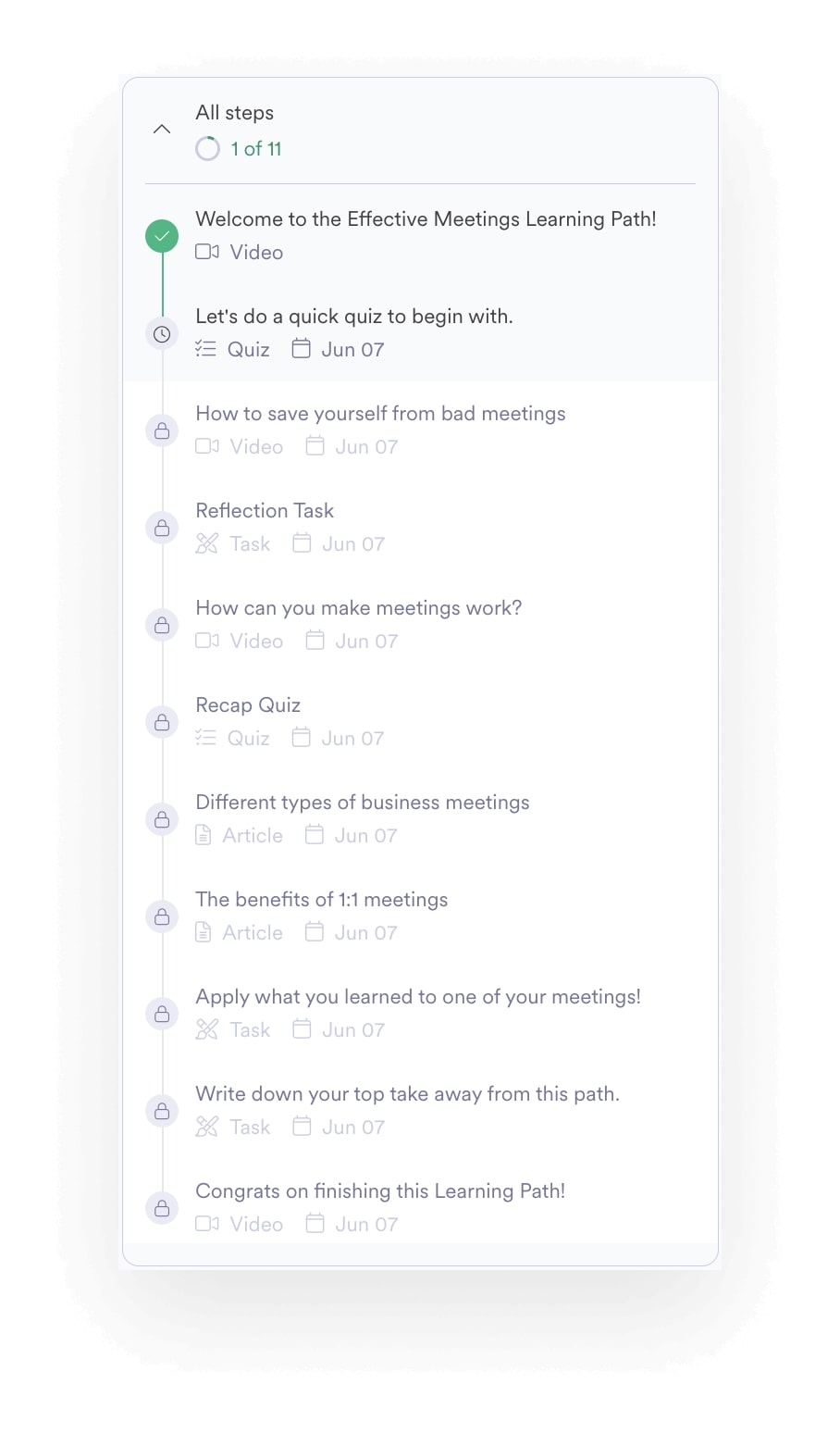 A screenshot of Leapsome's Effective Meetings learning path within the Learning Module.