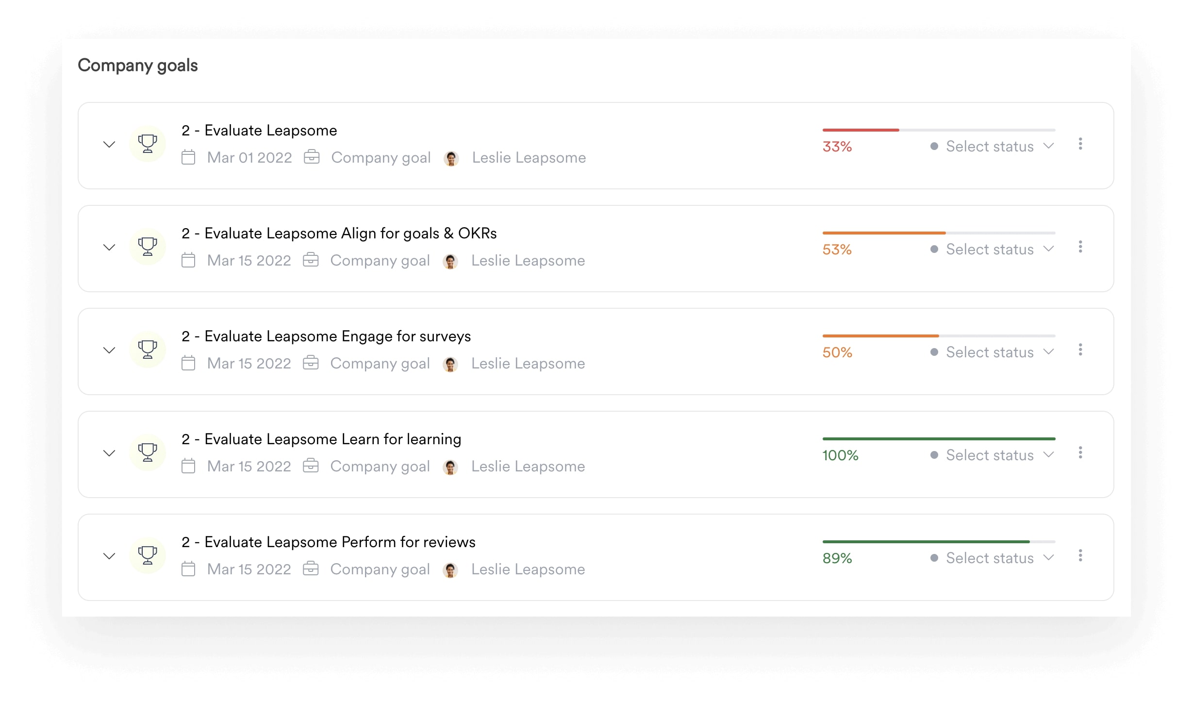 A screenshot of company goals within Leapsome's Goals module.