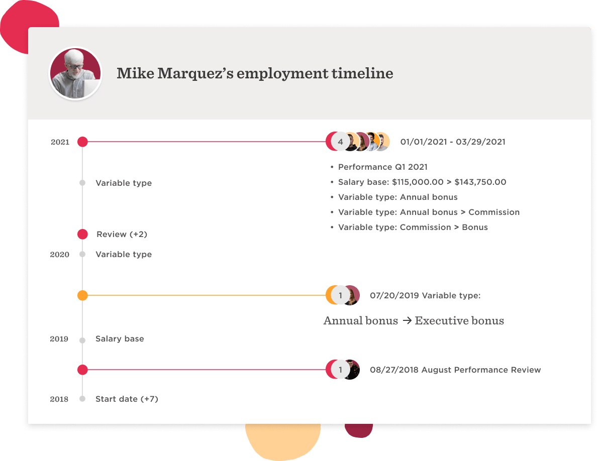 A screenshot of an employment timeline interface within Bob.