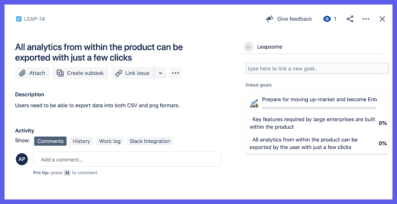 A screenshot of a Jira Issue with a Leapsome Goal linked to it
