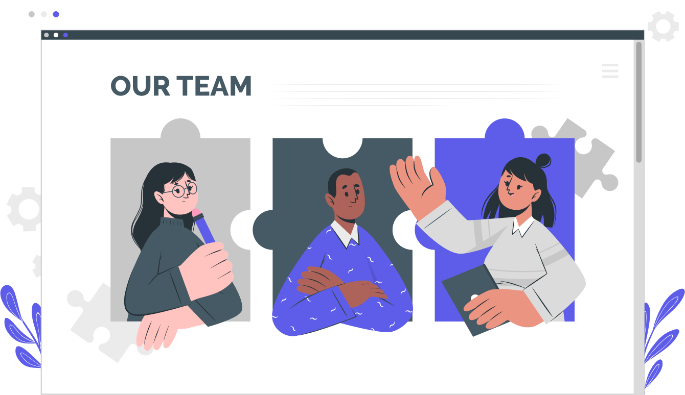 illustration of a browser window with the headline "our team" and a picture of three people on interlinking puzzle pieces