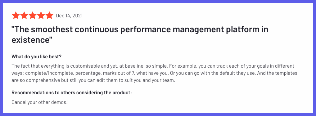 Leapsome user review shared by user on the G2 platform for verified software reviews. The title of this review is: The smoothest continuous performance management platform in existence