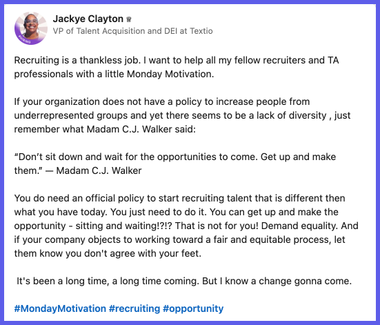 LinkedIn post by HR influencer Jackye Clayton