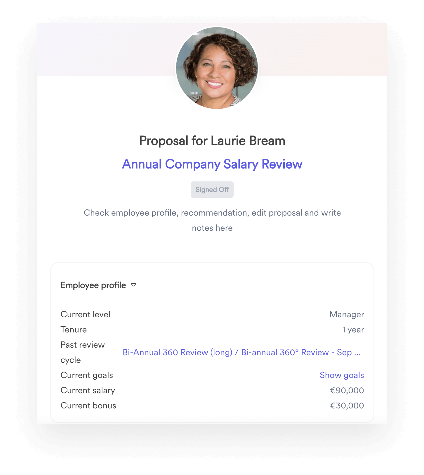 A screenshot of an annual company salary review interface within Leapsome Compensation.