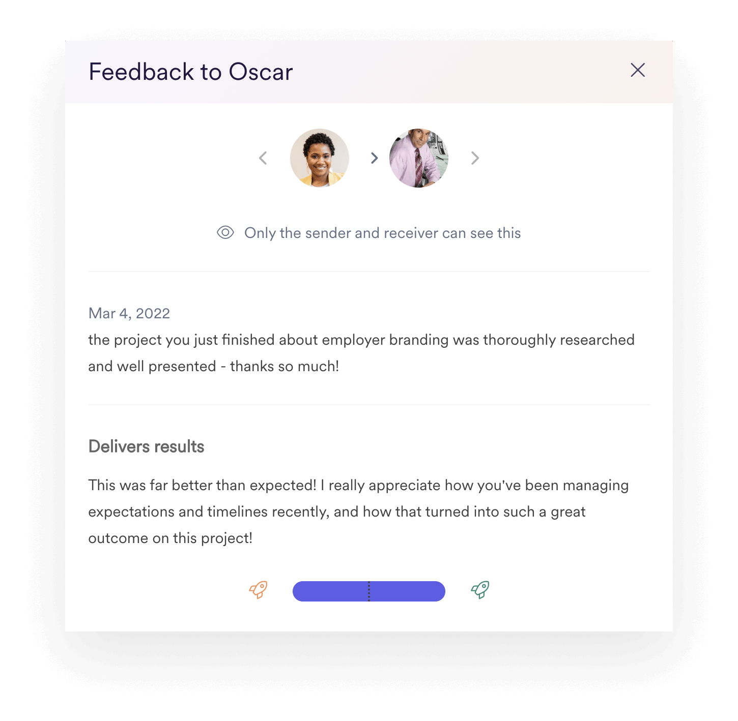 A screenshot illustrating how employee feedback looks within Leapsome Instant Feedback.