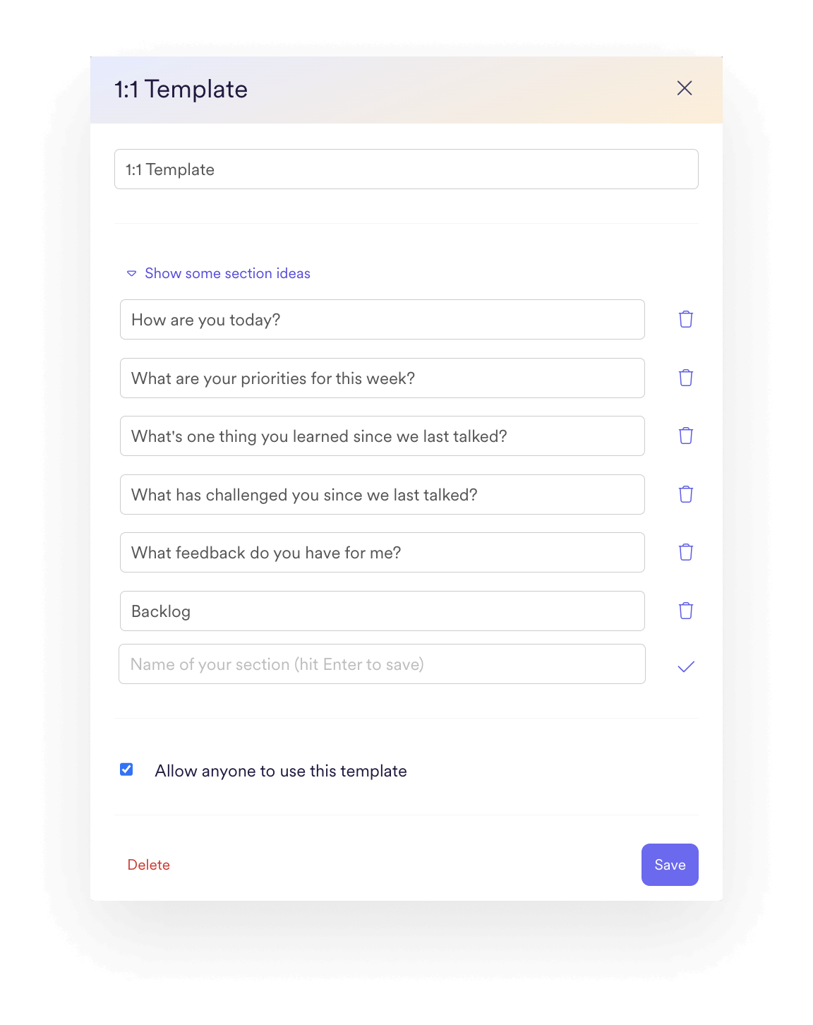 A screenshot of the integrated template for 1:1 meetings in Leapsome.