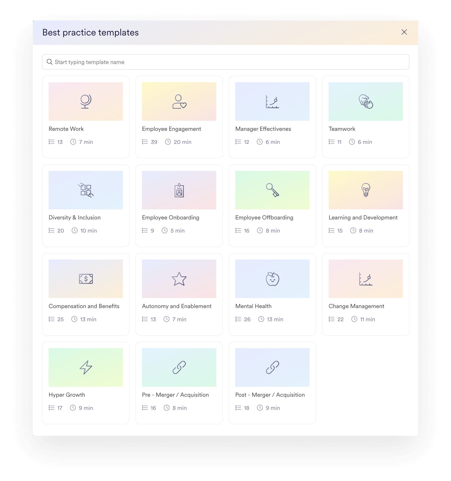 A screenshot of a selection of best practice templates available within Leapsome Surveys.