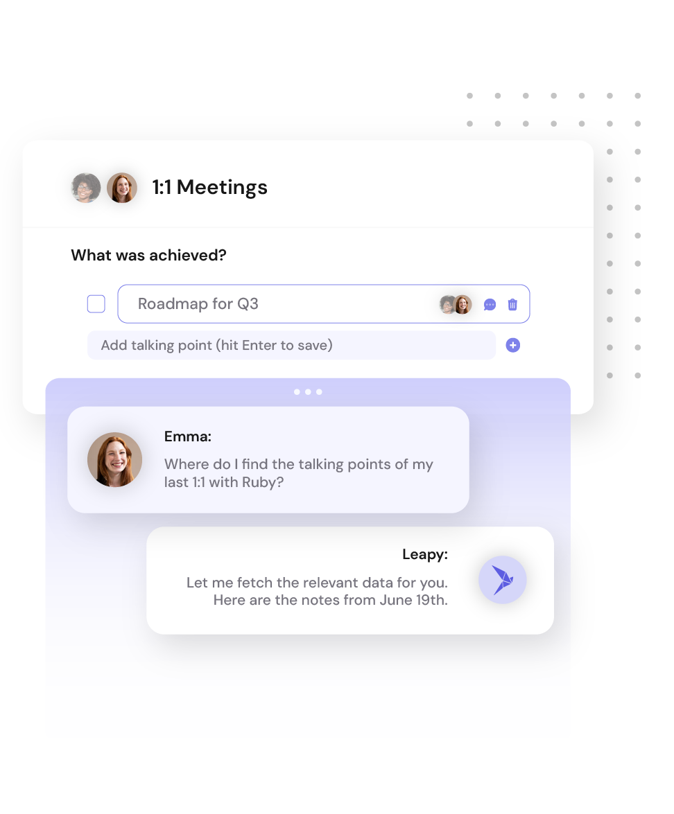 Structured 1-on-1 Meetings Software screenshot showing the integration with employee feedback and praise